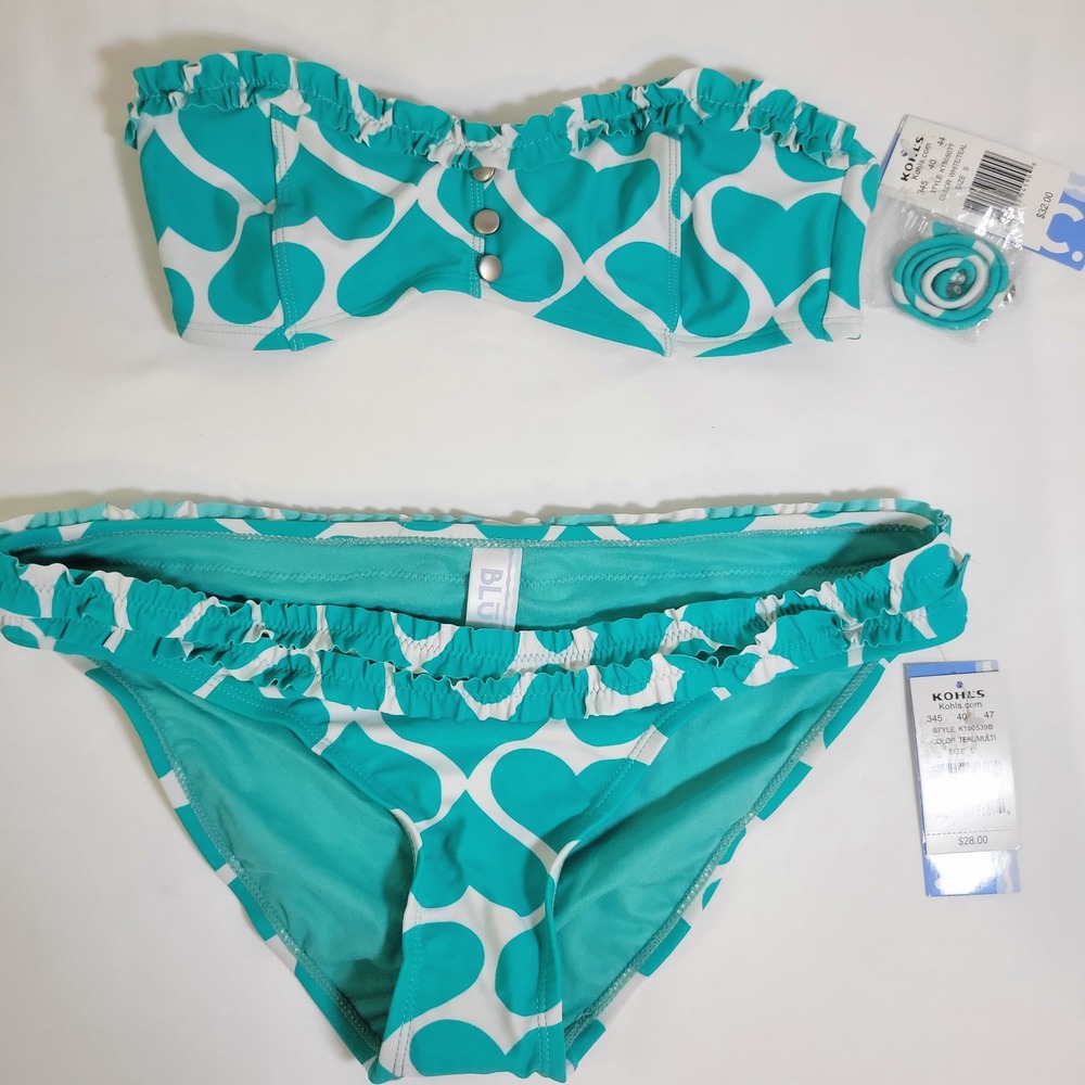 Blu C. Queen Hearts Ruffle Bandeau Bikini Top S & Boyleg Bottom L Teal White NWT